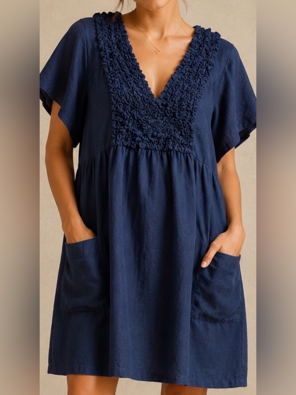 Claude Tulum 100% Linen Navy Ruffle Pocket Mini Dress One Size
